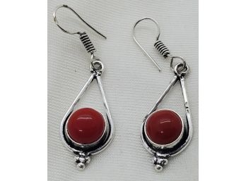 Beautiful Pair Of Silver Plated Earrings With Red Coral ~ 1' Long