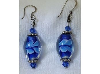 Unique Sterling Silver Hand Made Murano Glass Earrings 1 1/4' Long