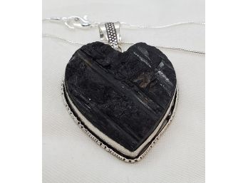 17' Sterling Silver Plated Necklace With Plated Natural Black Tourmaline Heart Pendant ~ 1 1/4' X 1 1/4'