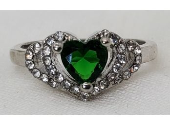 Size 8 Silver Plated Heart Shaped Faux Emerald Ring