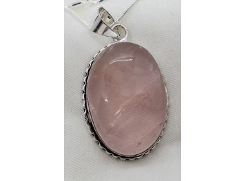 20' Sterling Silver Plated Necklace With Plated Rose Quartz Pendant ~ 1 1/2' X 1'