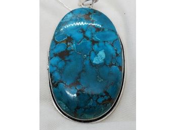 17' Sterling Silver Plated Necklace With Plated Natural Turquoise Pendant ~ 2' X 1 1/4' ~ 23.95 Grams