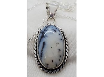 16' Sterling Silver Plated Necklace With Plated Dendrite Opal Pendant ~ 1 1/8' X 3/4'
