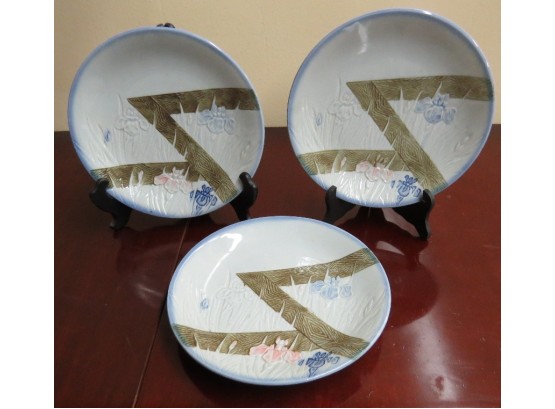 3 Asian Style Redware Plates With High Fire Celadon Green Glazing