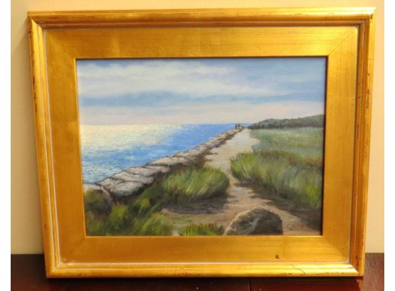 Unsigned Oil On Canvas, Retaining Wall Along The Beach, Beach Grasses & Sand On A Sunny Day