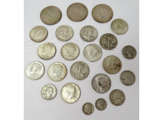 Mixed Lot Of 90 Percent Silver US Coins - Morgans, Peace Dollars, Walkers, Franklins & More