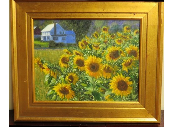 Michael Garland -  'Sunflower Farm' - Oil On Canvas - Van Gogh Influences Simple Country Scene
