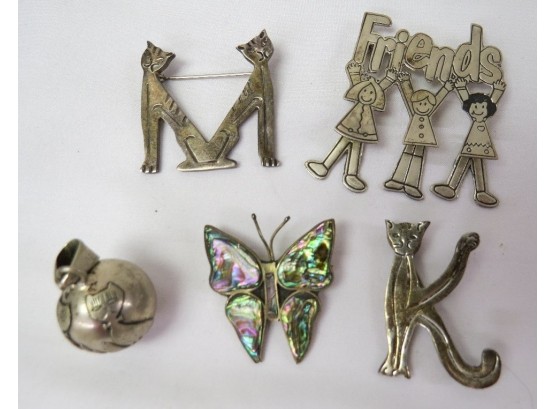 Mixed Lot Of Sterling Figural Pins/brooches - Mexican Silver, Alpaca, & More