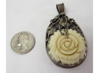 Gorgeous Sterling Serpents & Iv-o-ree Rose Hanging Necklace Pendant, Intricately Worked.