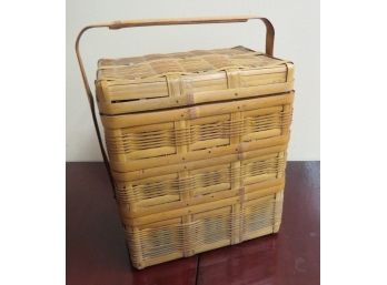 Mid-Century Asian 3 Tier Bamboo Sewing Basket With Contents - 3 Separate Trays