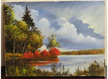 Mark Simmons, Highland NY Oil On Canvas Fall Colors On The Lake's Edge