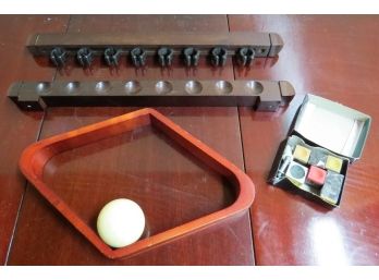 Misc. Pool Items - Wall Rack For Pool Cues, Chalks, Ball Rack, Cue Ball