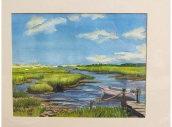 Karen Markeloff Watercolor Of Small Rowboat Docked In A Lakeside Marsh