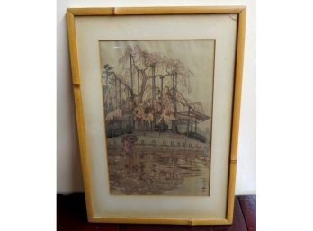 Early 20th C. Japanese Woodblock Of Temple, Signed, Orig Bamboo Frame W/board Back