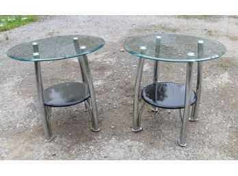 Pair Of Glass Top Chromed End Tables Or Side Tables