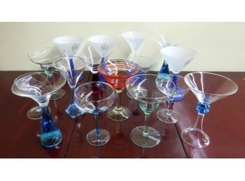 14pc Lot Of Mixed Colored Stemware Bar Glasses, Martini, Margarita, Cosmopolitan, Wine,etc...