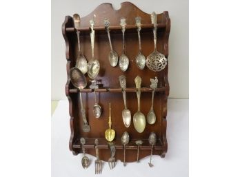 Wooden Spoon Rack With A Variety Of Antique Collectible Spoons, Souvenir, Decorative, Etc.
