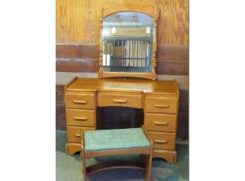 Mid Century Rock Maple Vanity W/Mirror & Vanity Bench - Wonderful Piece Of Furniture