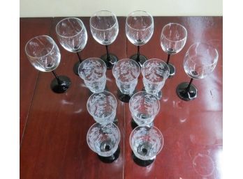 13pcs Black Bottomed Stemware - 7 Byzantine Black By Tiffin Art Deco Era, 6 Footed Wines Luminarc France