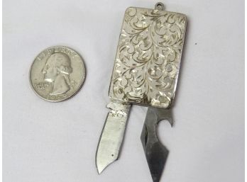 Silver Filigree Cut Folding Pocket Knife/charm W/bottle Opener Blade & Small Knife Blade