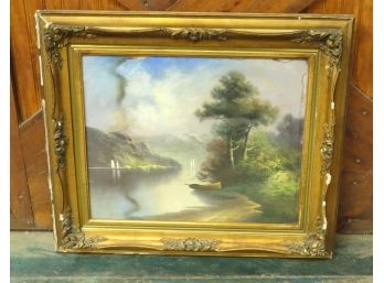 Victorian Era Watercolor / Print - Hudson River Or Similar Waterway - Set In Gilt Decorated Frame