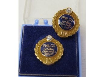 Pair Of Philco Radio 10 & 15 Year Service Enameled Lapel Pins - 10k Gold W/diamond Chips