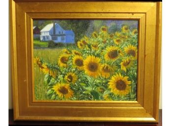 Michael Garland -  'Sunflower Farm' - Oil On Canvas - Van Gogh Influences Simple Country Scene