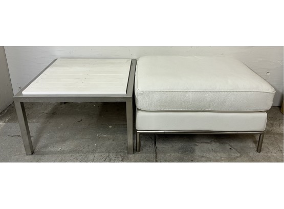 Modern Leather Ottoman And Chrome Low Table
