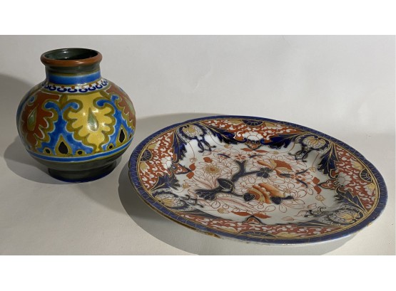 Amari Plate And Paint Decorated Vase