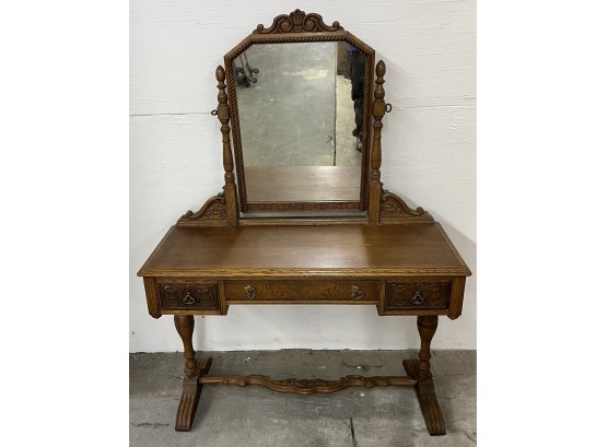 Good Looking Oak Three Drawer Vanity With Mirror And Trestle Base