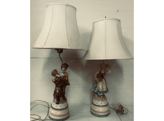 Pair Of Hand Painted Bisque Lamps
