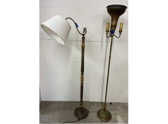 Brass Torchere, Bridge Lamp With Wooden Column,and Brass And Alabaster Base