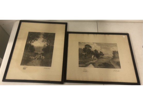 Two Framed Black And White Antique Pastoral Scenes Etchings