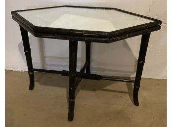 Hexagonal Mirror Top Faux Bamboo Table In Black Paint