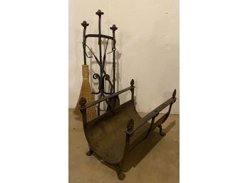 Log Holder And Forged Fireplace Tools