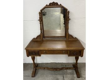 Good Looking Oak Three Drawer Vanity With Mirror And Trestle Base