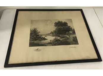 Framed Black And White Etching Riverscape