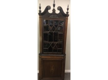 Two Part Inlaid Chippendale Style Corner Cabinet