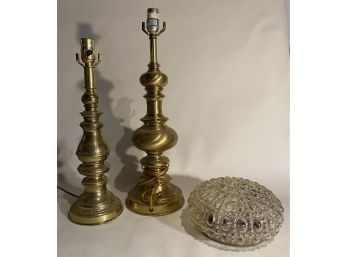 Two Brass Lamps And One Vintage Ceiling Fixture