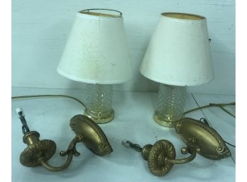 Two Glass Boudoir Lamps And Two Sconces