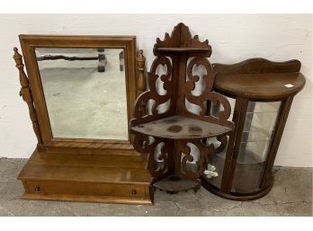 Table Top Curio, Dresser Mirror, And Corner Hanging What-not