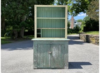 An Antique Paneled Wood Farm Cabinet With Hutch Top