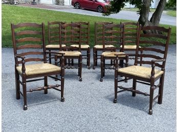 A Set Of 8 Antique Oak Rush Seated Ladder Back Dining Chairs