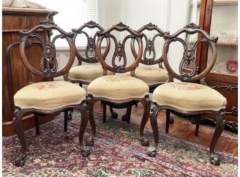 A Set Of 5 Antique Balloon Back Carved Mahogany Dining Chairs