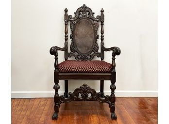 A Late 19th Century Carved Mahogany Arm Chair - Caning Recently Replaced!