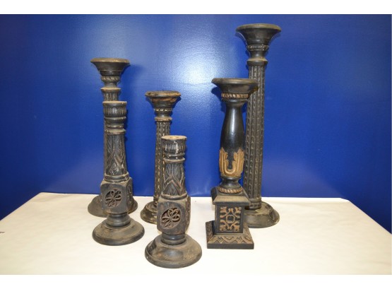 6 Black Ornate Wooden Candle Holders