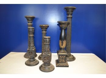 6 Black Ornate Wooden Candle Holders