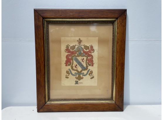Large Hand Drawn Watercolor Of Hynes Family Crest, Likely 18th Century