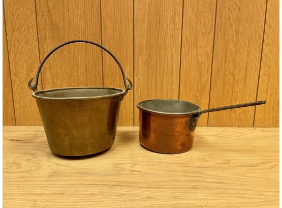Antique Dovetailed Copper Pot & Antique Brass Bucket