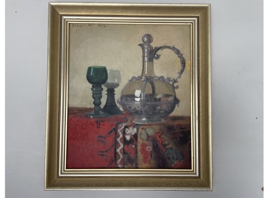 Oil On Canvas Still Life Depicting Goblets & Medieval Style Decanter, Dated 1884